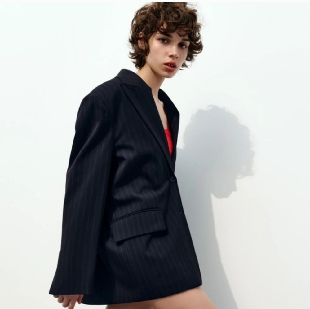 Zara NWT Oversized Pinstripe Blazer Navy Blue Size XS/S